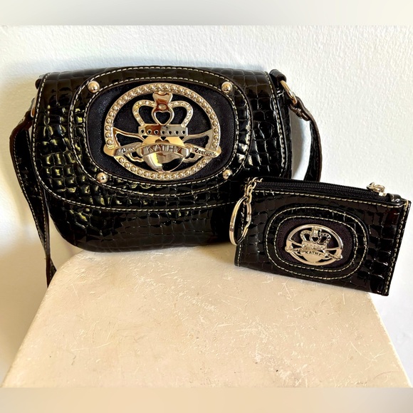 Kathy Van Zeeland Leather Shiny Black Hand Bag Purse with Matching Change Purse - Picture 1 of 7